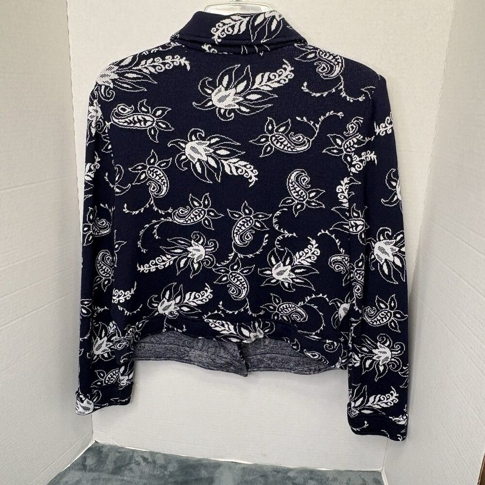St John Collection Marie Gray Woman Navy Blue & White Floral Tapestry Cardigan 6 - Picture 6 of 8